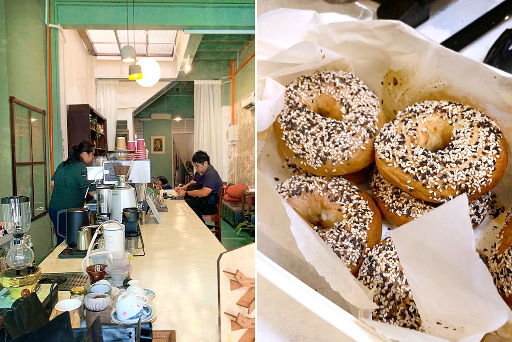 Regulars like to sit at the long coffee bar to chat with owner Jacqueline Wen (left). Homemade bagels (right).