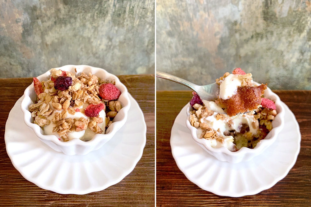 Simple but satisfying: apple crumble with yoghurt and granola.