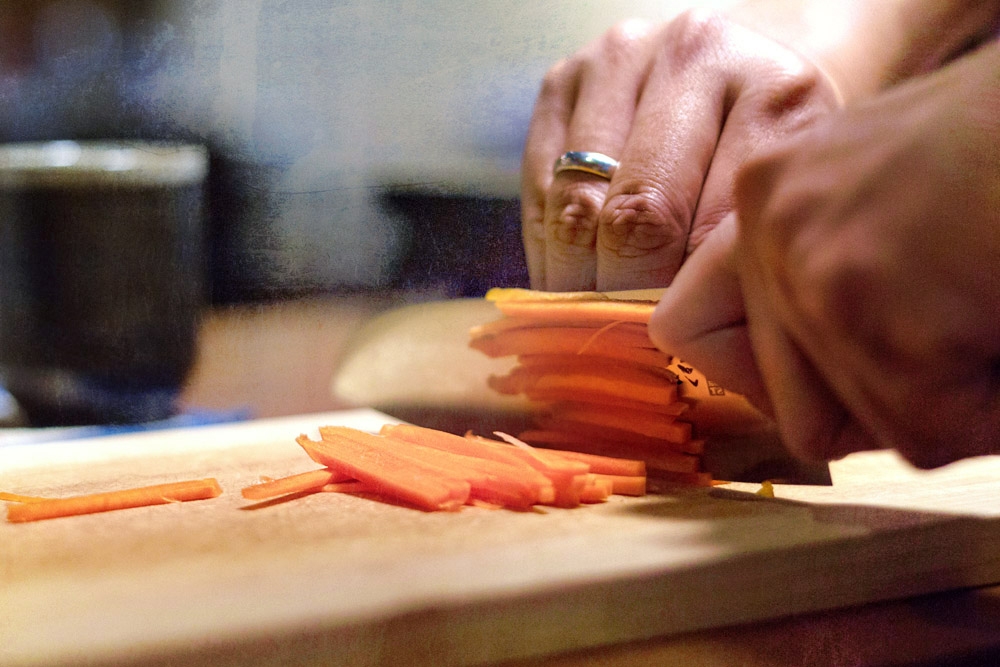 Slicing and dicing the vegetables used.