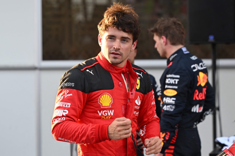 Ferrari’s Monegasque driver Charles Leclerc reacts after taking the pole position after the qualifying session for the Formula One Azerbaijan Grand Prix at the Baku City Circuit in Baku on April 28, 2023. ― Reuters pic