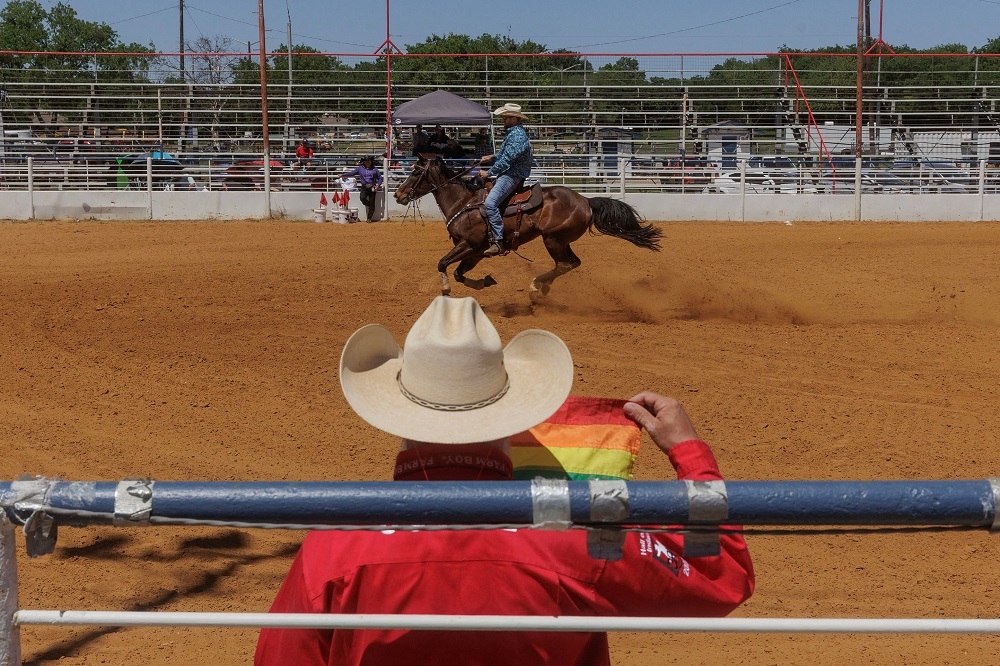 Mr. International Gay Rodeo Association (IGRA) 2023, Weston Crow-Tucker, finishes a run in the men’s barrel racing competition at the Texas Tradition Rodeo. — AFP pic