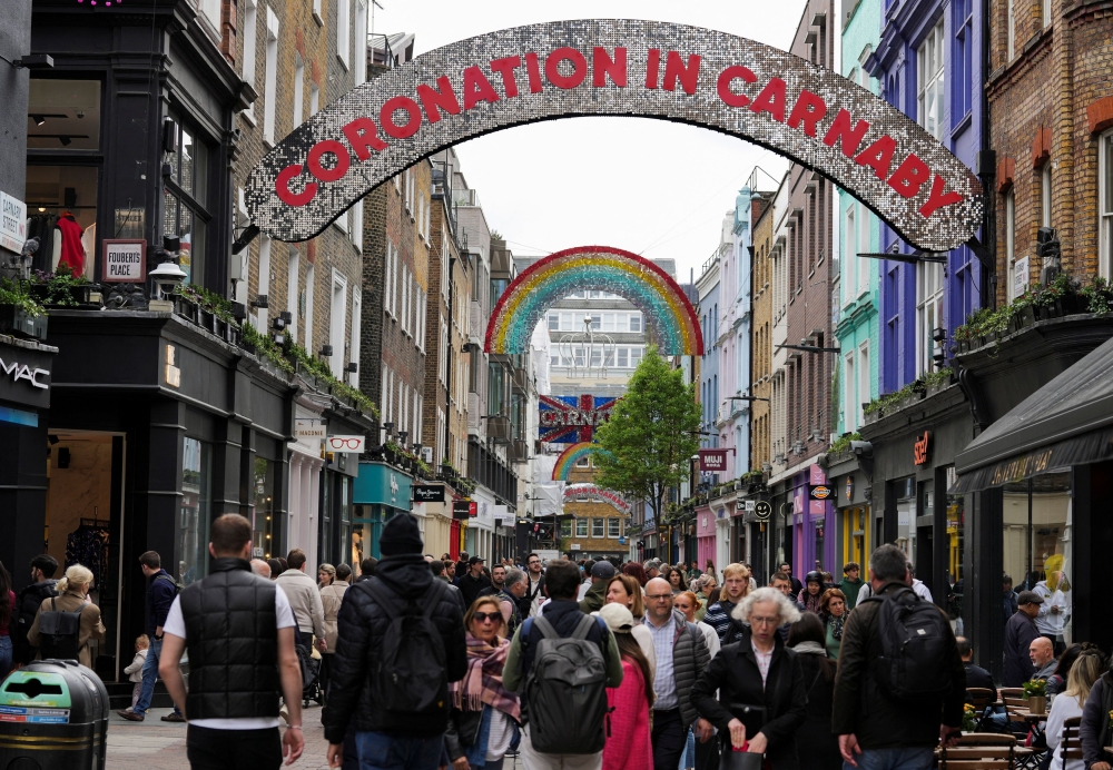 Carnaby Street is decorated ahead of the Coronation of Britain's King Charles and Camilla, Queen Consort, in London May 1, 2023. — Reuters pic