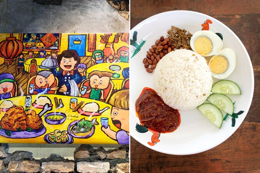 Children’s painting on the wall (left). Old-fashioned 'nasi lemak' (right).