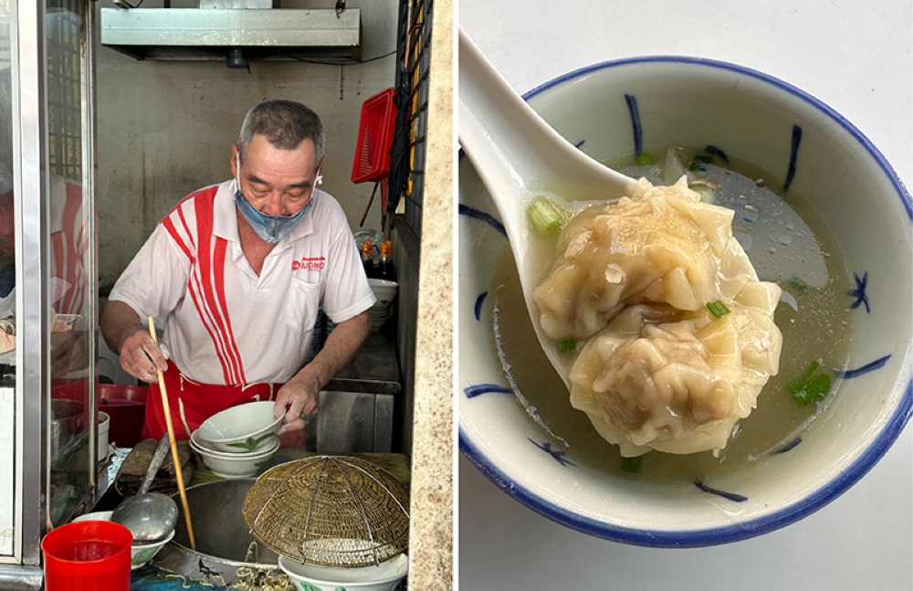 The owner will cook up the noodles once your order is placed (left). The 'wantans' have silky skins and are generously filled with minced pork (right)