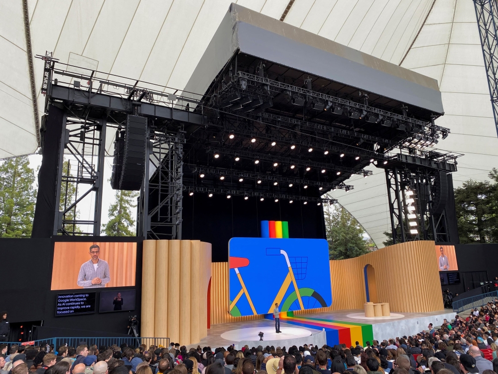 Alphabet CEO Sundar Pichai speaking at the Google I/O 2023 conference. — Reuters pic