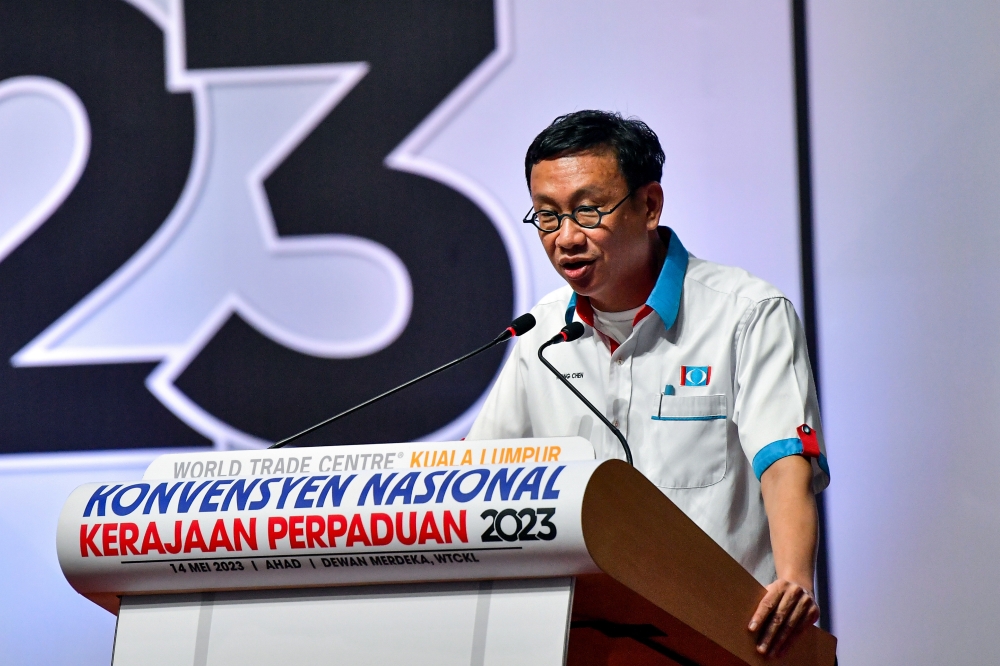 Subang MP Wong Chen delivers a speech during the Unity Government National Convention at World Trade Centre in Kuala Lumpur May 14, 2023. — Bernama pic