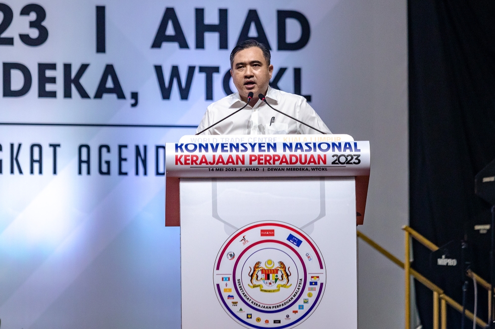 DAP secretary-general Anthony Loke speaks during the Unity Government National Convention at World Trade Centre Kuala Lumpur May 14, 2023. — Picture by Firdaus Latif