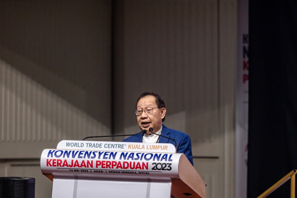 Parti Solidariti Tanah Airku (STAR) president Datuk Seri Jeffrey Kitingan speaks during the Unity Government National Convention at World Trade Centre Kuala Lumpur May 14, 2023. — Picture by Firdaus Latif