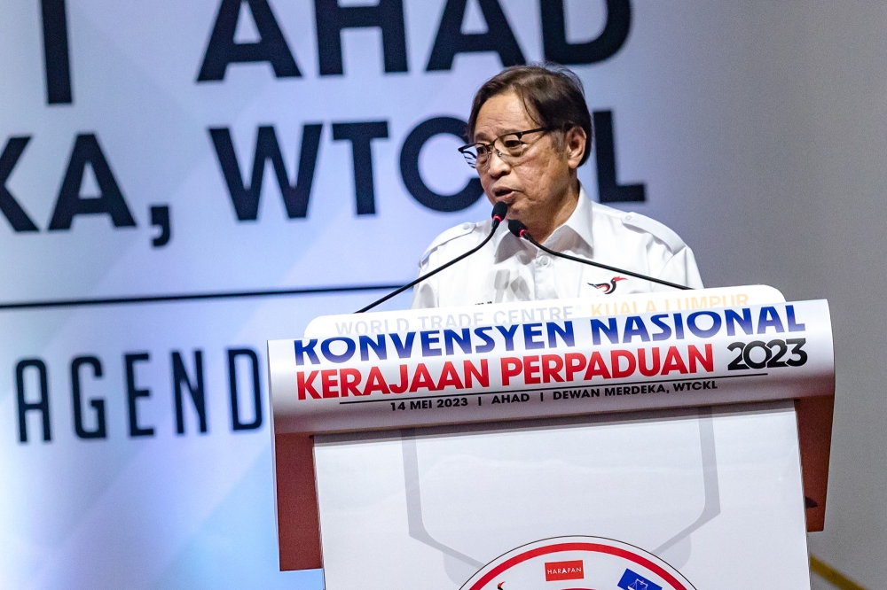 Gabungan Parti Sarawak (GPS) chairman Tan Sri Abang Johari Openg speaks during the Unity Government National Convention at World Trade Centre Kuala Lumpur May 14, 2023. — Picture by Firdaus Latif