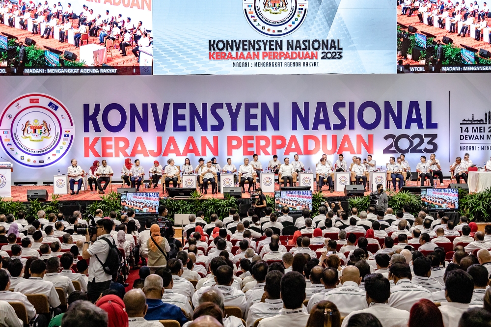 Prime Minister Datuk Seri Anwar Ibrahim and other party leaders are seen during the Unity Government National Convention at World Trade Centre Kuala Lumpur May 14, 2023. — Picture by Firdaus Latif