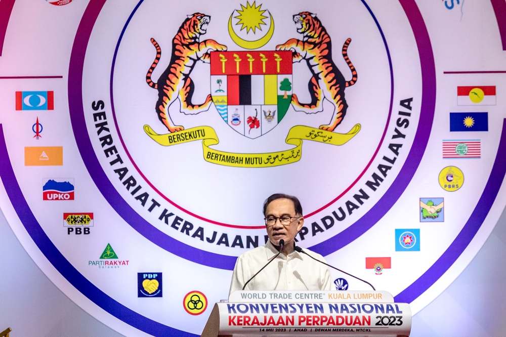 Prime Minister Datuk Seri Anwar Ibrahim delivers speech during the Unity Government National Convention at World Trade Centre Kuala Lumpur May 14, 2023. — Picture by Firdaus Latif