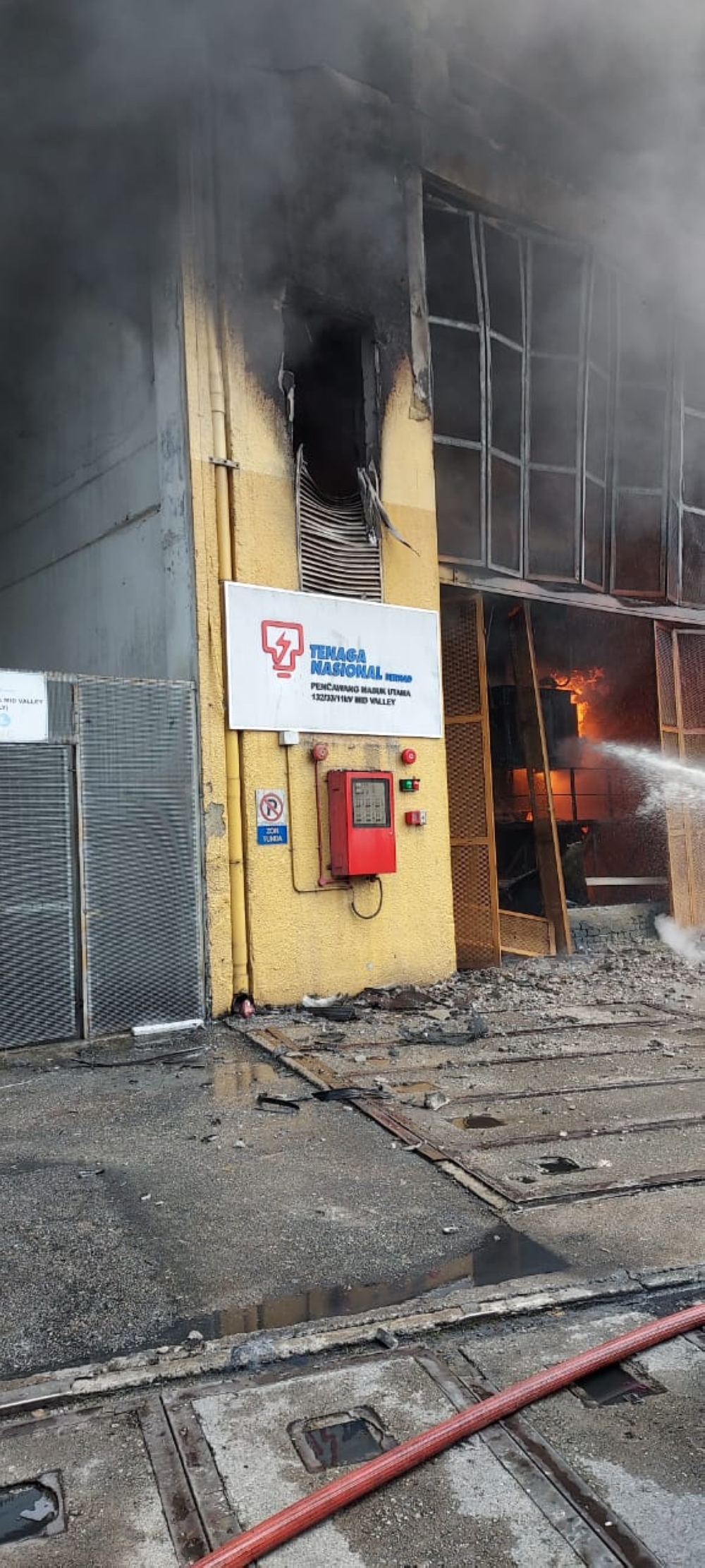 The fire occurred at the main incoming substation to the TNB transformer room, adjacent to the east facade of Mid Valley Megamall. — Picture courtesy of Kuala Lumpur Fire and Rescue Department