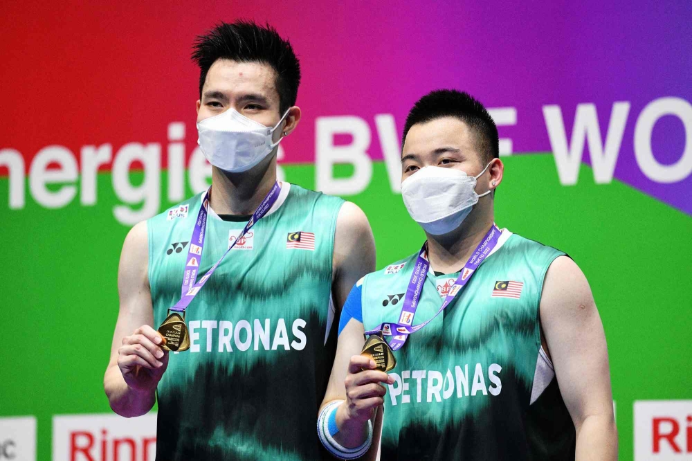 File photo of Aaron Chia and Soh Wooi Yik (left) of Malaysia at the World Badminton Championships in Tokyo on August 28, 2022. ― Bernama pic