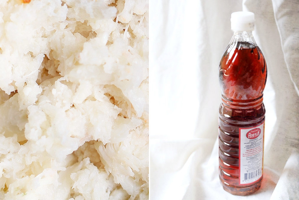 Flavours of the sea: crab meat (left) and fish sauce (right).