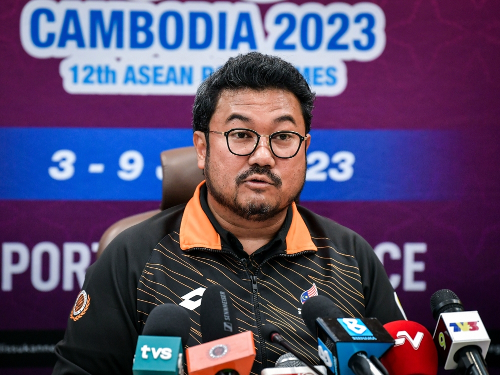 Paralympic Council of Malaysia (PCM) president Datuk Seri Megat D. Shahriman Zaharudin speaks during a press conference after the ceremony to hand over of the Jalur Gemilang to the national contingent heading to the APG 2023 in Kuala Lumpur May 29, 2023. — Bernama pic