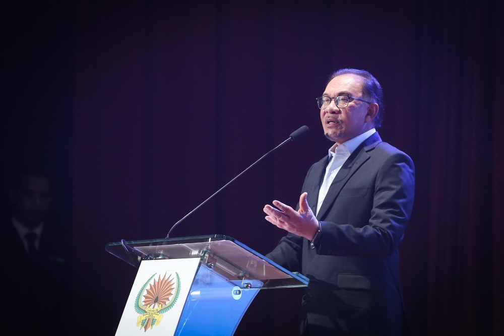 Prime Minister Datuk Seri Anwar Ibrahim speaks during the launch of Seminar Fikrah Siddiq Fadzil in Kuala Lumpur May 30, 2023. ― Picture by Yusof Mat Isa