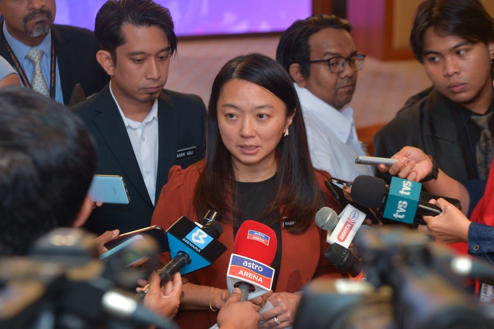 Youth and Sports Minister Hannah Yeoh speaks to media after the sports development task force meeting at Putra Perdana in Putrajaya May 30, 2023. — Picture by Shafwan Zaidon