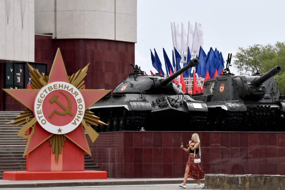 A woman walks past the museum-diorama ‘Fiery Arc’ in the Russian city of Belgorod, some 40 km from border with Ukraine, on May 27, 2023. — Reuters pic