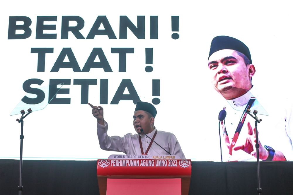 Umno Youth Chief Dr Muhammad Akmal Saleh speaks during the party's general assembly in Kuala Lumpur June 8, 2023. — Picture by Yusof Mat Isa