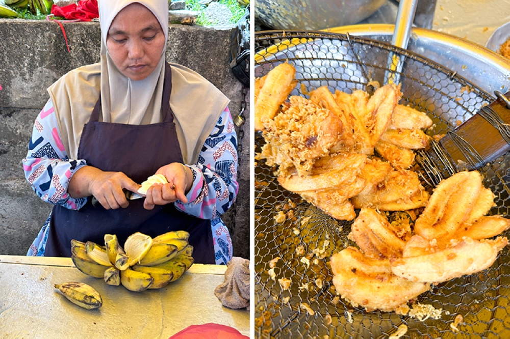 Cutting the ‘pisang abu’ in a fan shape for the fritters (left). ‘Goreng pisang’ here is coated thinly with batter and deep fried to a light golden colour (right).