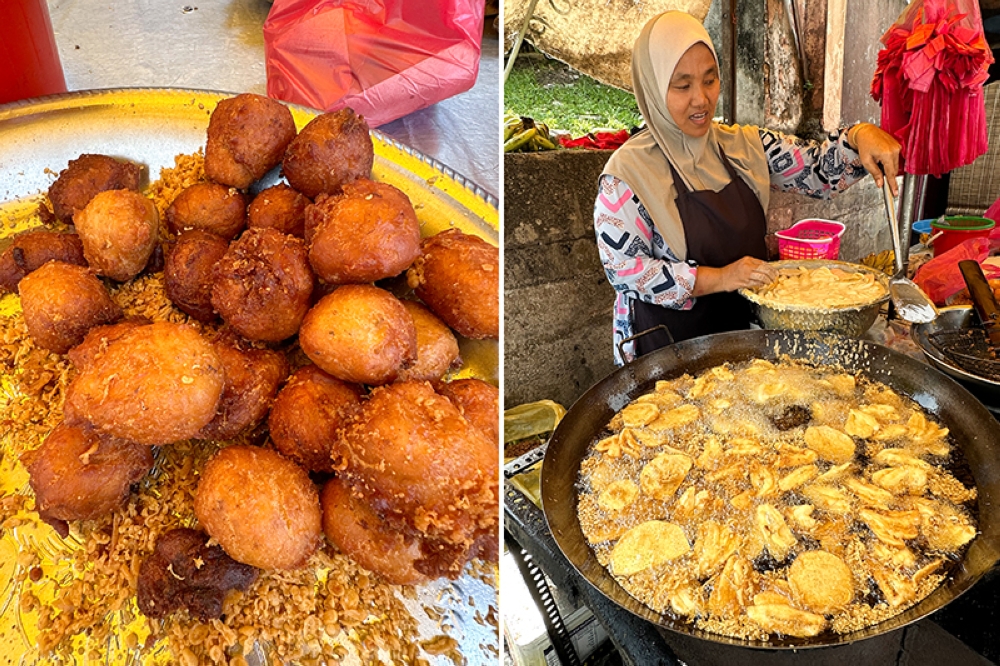 A mix of ‘cekodok’ and deep fried ‘ubi kayu’ balls (left). The fritters are cooked in small batches (right).