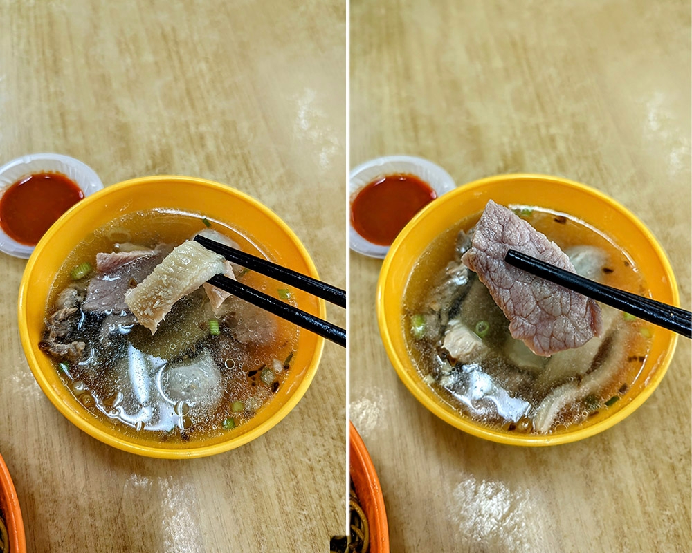 The tripe is tender with a nice chew (left). The sliced beef is barely cooked, with a really satisfying texture (right).