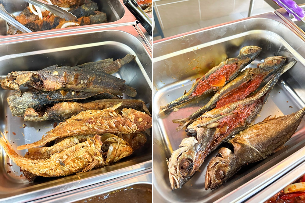 There's various dishes like fried fish to eat with your 'nasi campur' (left). Get your hands dirty with 'ikan cencaru sumbat' (right).