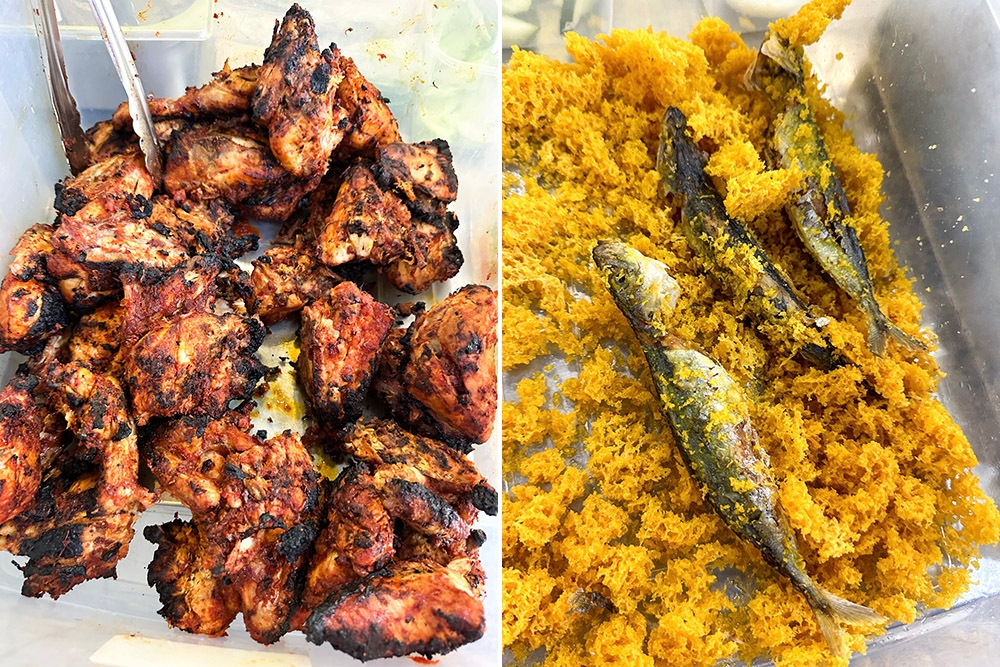 Ayam Bakar is great with 'nasi kerabu' or drenched in a rich 'percik' sauce (left). Go traditional for your 'nasi kerabu' with the battered fried fish (right).