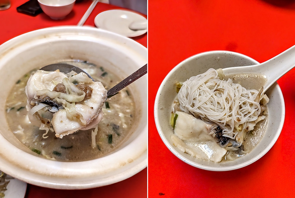 Hirisan ikan, kiub keladi dan hirisan kobis membentuk sup (kiri).  Kelabu bukan hitam baharu, tetapi sedikit kicap sangat membantu untuk menjadikannya popular (kanan).