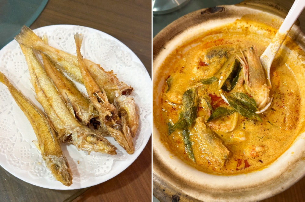 Fried Ikan Bulus is best eaten from head to tail with all the crunchy bones (left). The Indonesian Style Curry Prawns is a lighter-tasting curry with semi peeled prawns (right)