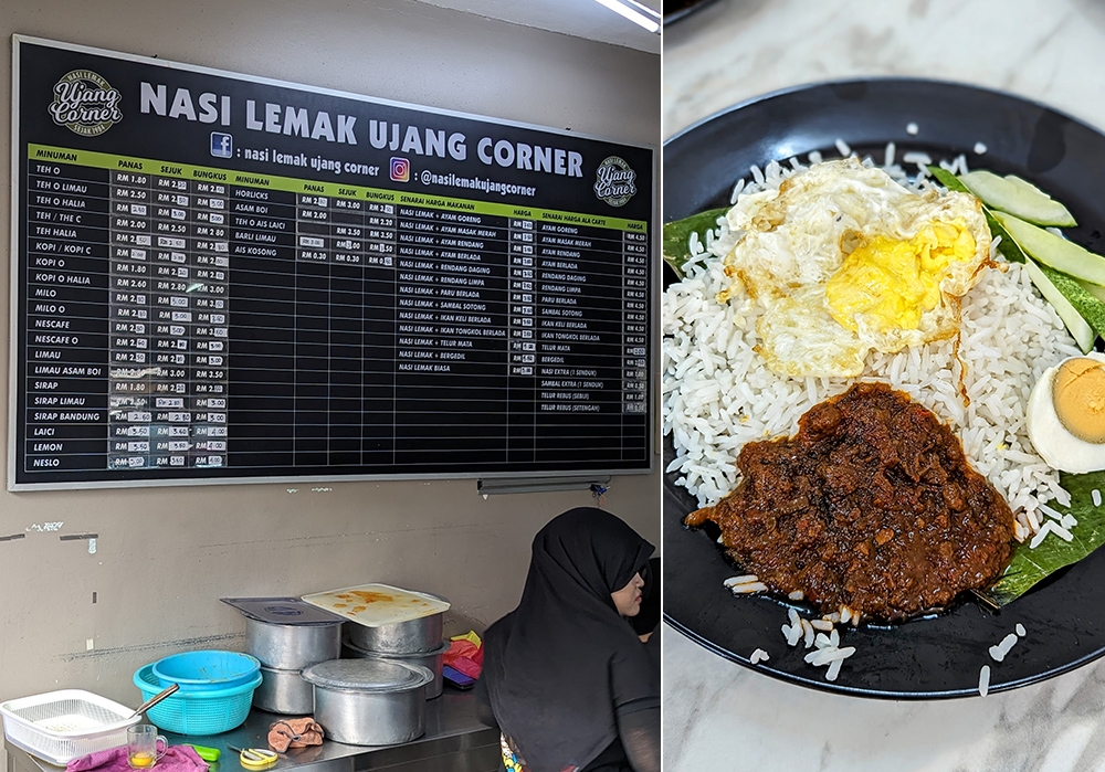 Everything and its price is listed neatly on the board (left). The titular 'nasi lemak', at its simplest (with a fried egg) (right).