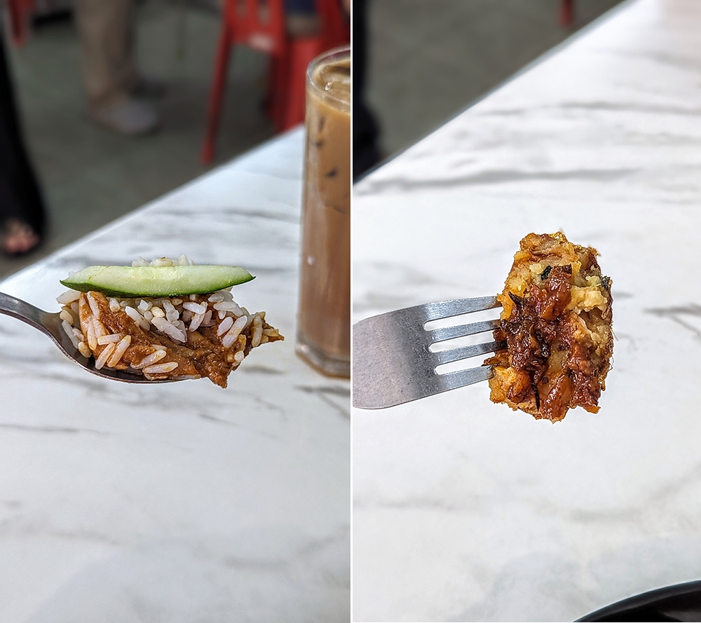 A bite of chicken, cucumber and rice (left). A little cross-section of the wonderful 'bergedil' which goes great with some 'sambal' (right).