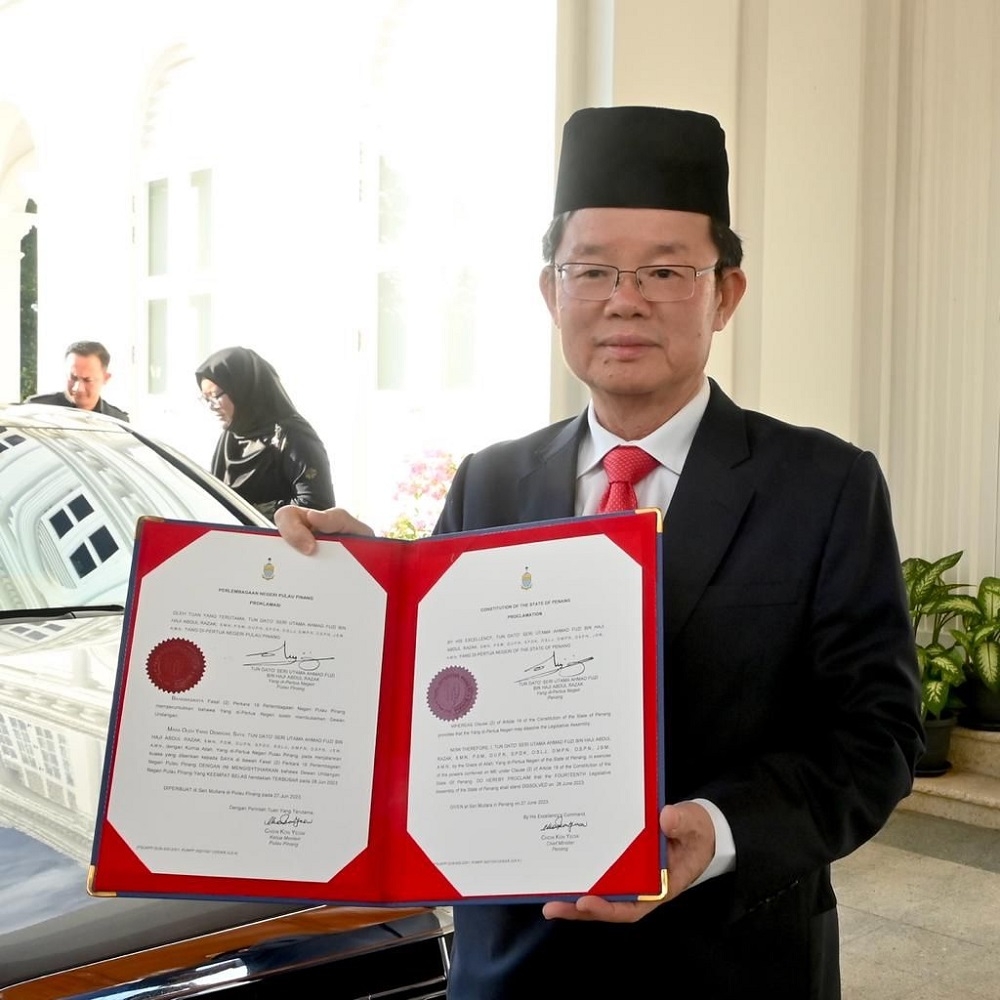 Penang Chief Minister Chow Kon Yeow holds the proclamation for the dissolution of the Penang legislative assembly, in George Town June 27, 2023. — Picture courtesy of Penang Chief Minister’s office