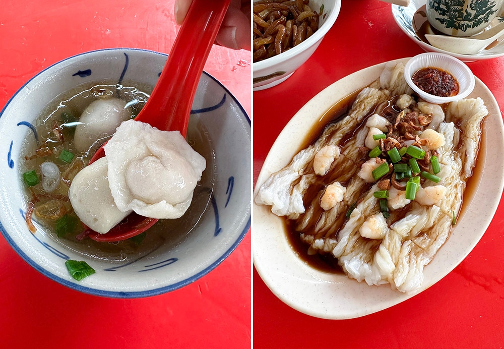 The fish skin 'wantan' has a slight chewiness while the fish ball is not overly bouncy (left). If you want an additional item, try this steamed HK style 'chee cheong fun' with prawns and a killer 'sambal' (right).