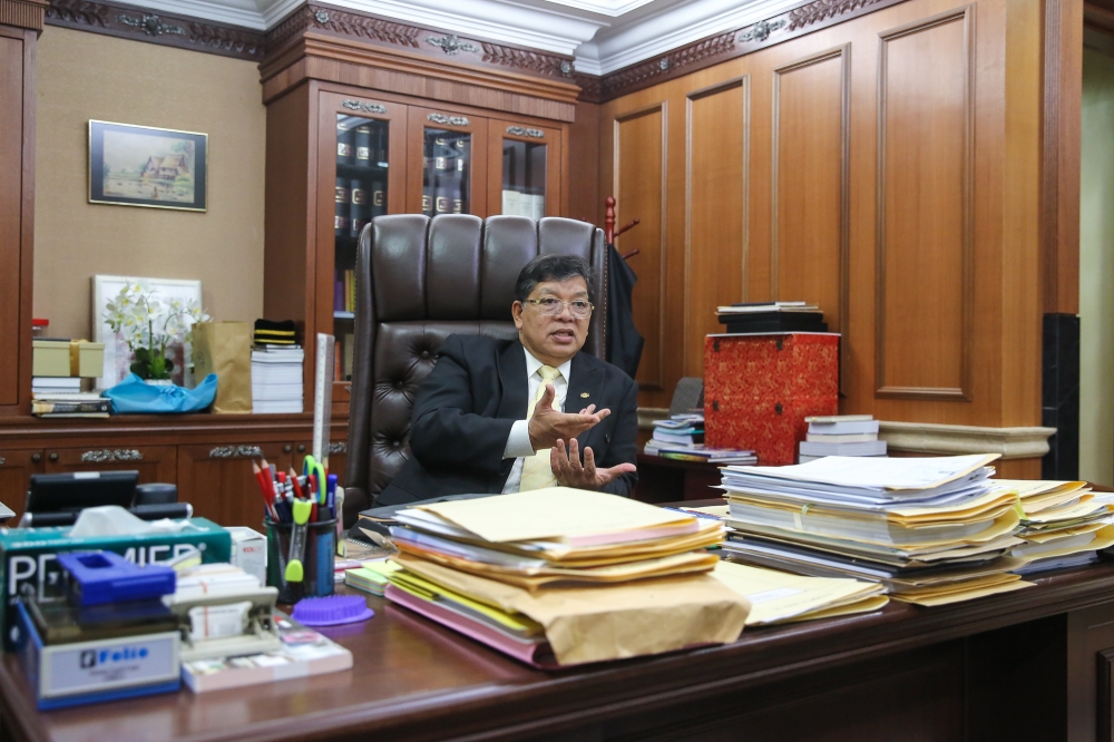 Dewan Rakyat Speaker Tan Sri Johari Abdul speaks to Malay Mail during an interview at his office at Parliament building in Kuala Lumpur June 14, 2023. — Picture by Yusof Mat Isa