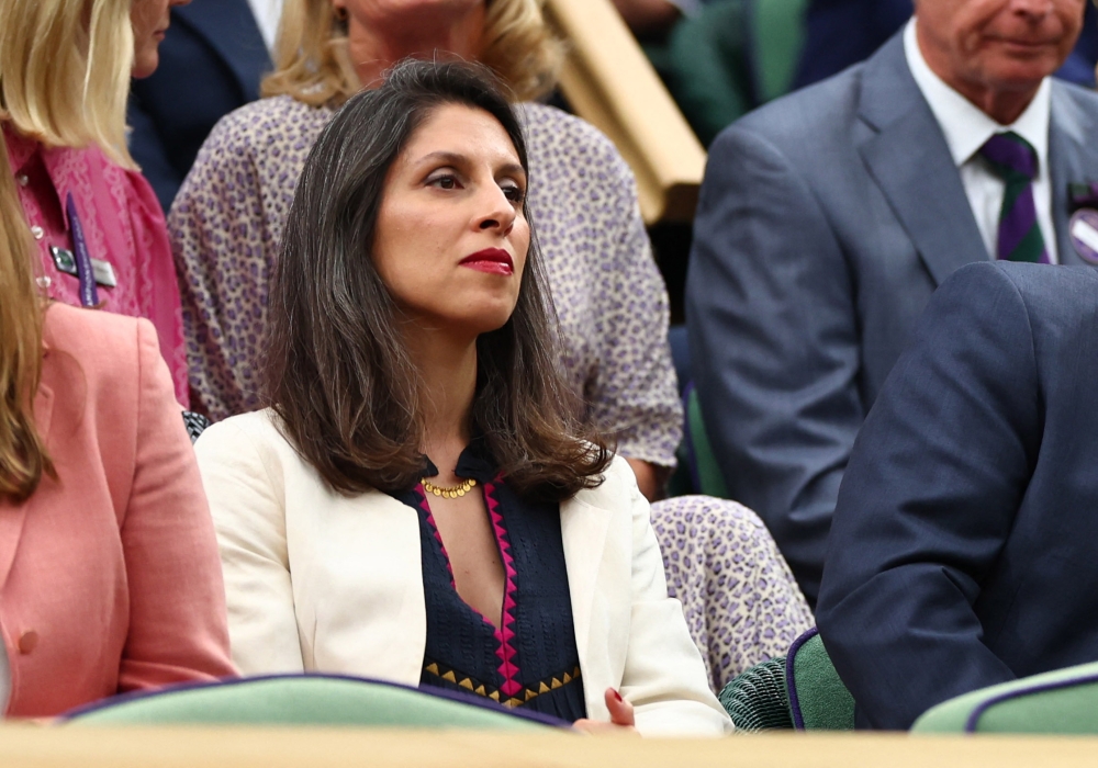 Nazanin Zaghari-Ratcliffe sits in the royal box on centre court ahead of a presentation to honour eight-time Wimbledon champion Roger Federer, at the All England Lawn Tennis and Croquet Club in London July 4, 2023. — Reuters pic