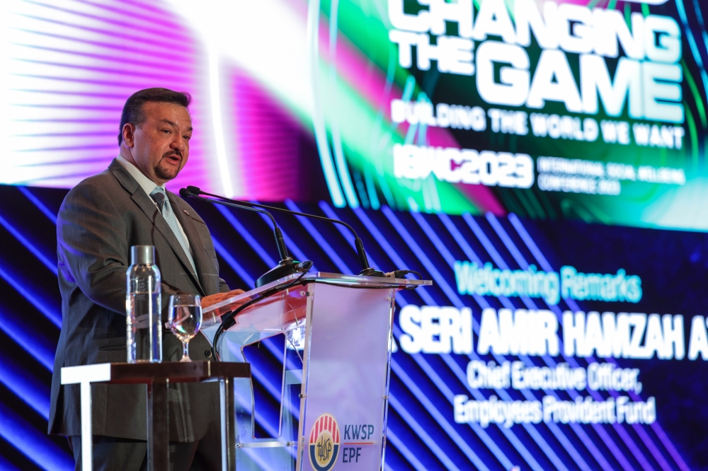 Employees Provident Fund of Malaysia (EPF) Chief Executive Officer Datuk Seri Amir Hamzah Azizan delivers his opening speech at the International Social Well-being Conference 2023 (ISWC 2023) in Kuala Lumpur July 5, 2023. — Bernama pic