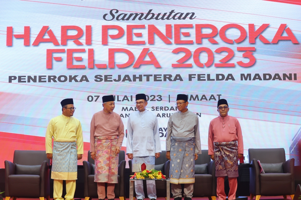 Prime Minister Datuk Seri Anwar Ibrahim at the Felda 2023 Settlers’ Day Celebration at the MAEPS in Serdang, July 7, 2023. — Bernama pic