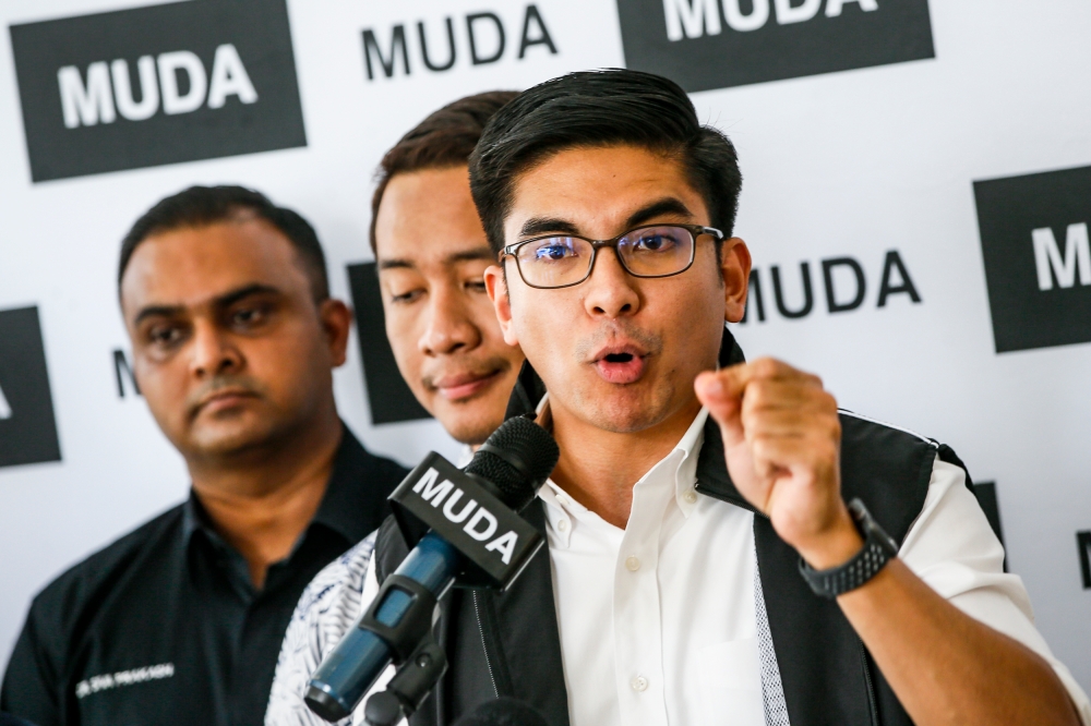 Muda president Syed Saddiq Syed Abdul Rahman speaks at a press conference at Bilik Gerakan Muda in Petaling Jaya, July 10, 2023. — Picture by Hari Anggara