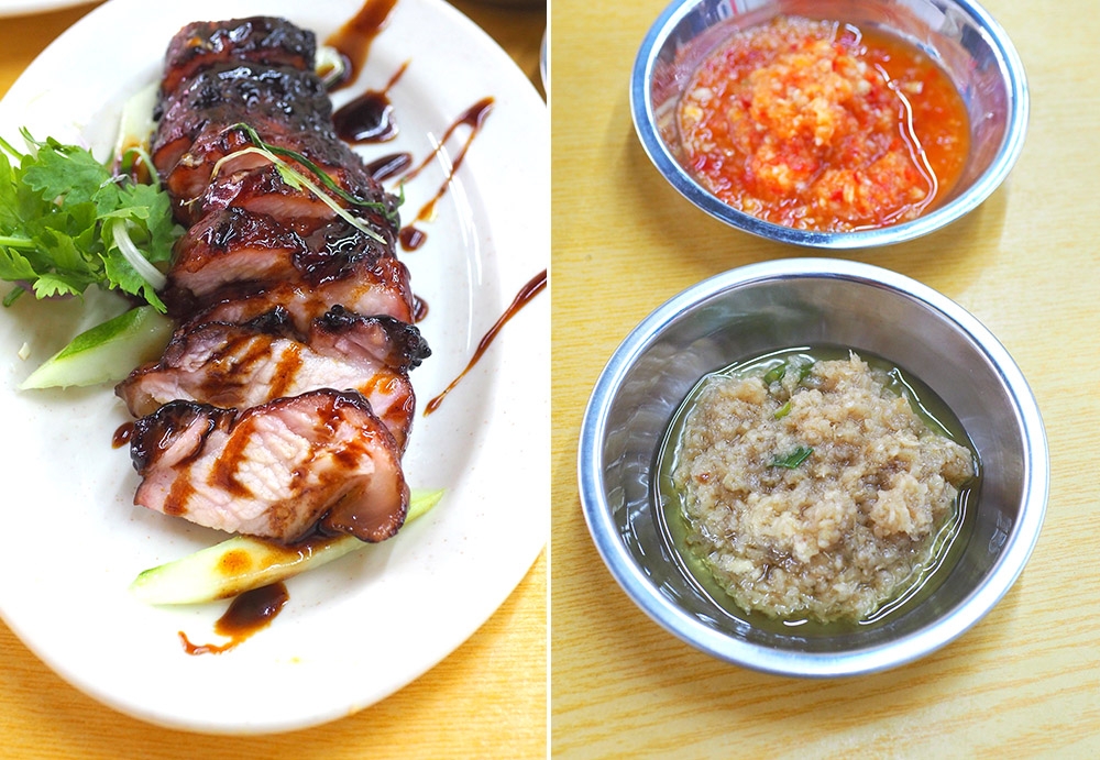 Their 'char siu' is luscious with tender meat, decadent fat and a well caramelised top (left). Pair your choice of meat with their homemade ginger paste and a tangy chilli sauce (right).