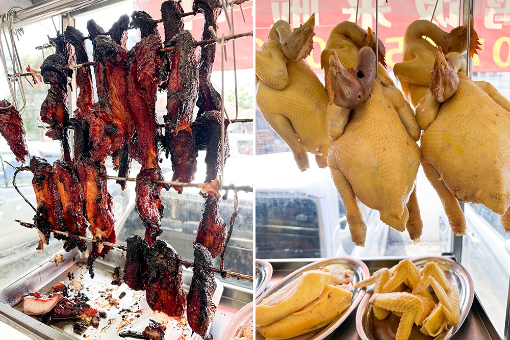 Look at the decadent 'char siu' waiting to be enjoyed (left). The restaurant uses free range chicken sourced from Johor (right).