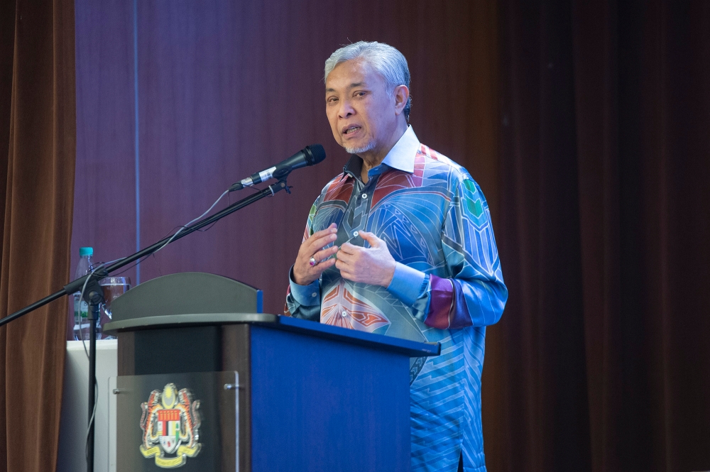 Datuk Seri Ahmad Zahid Hamidi speaks after signing the Memorandum of Understanding between Mardi and the Johor Southeast Development Authority (Kejora) in Putrajaya June 13, 2023. ― Picture by Shafwan Zaidon