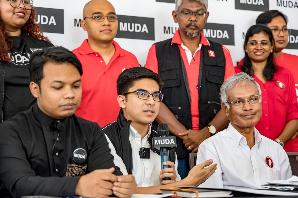 Malaysian United Democratic Alliance (Muda) president Syed Saddiq Abdul Rahman speaks during a press conference at Bilik Gerakan Muda in Petaling Jaya July 15, 2023. — Picture by Firdaus Latif