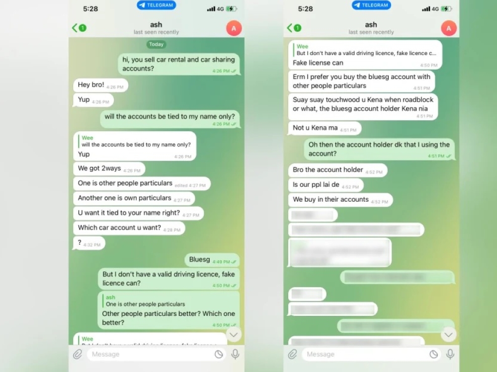 Screenshots of a conversation with an operator selling car sharing accounts on Telegram. — Telegram screenshots via TODAY