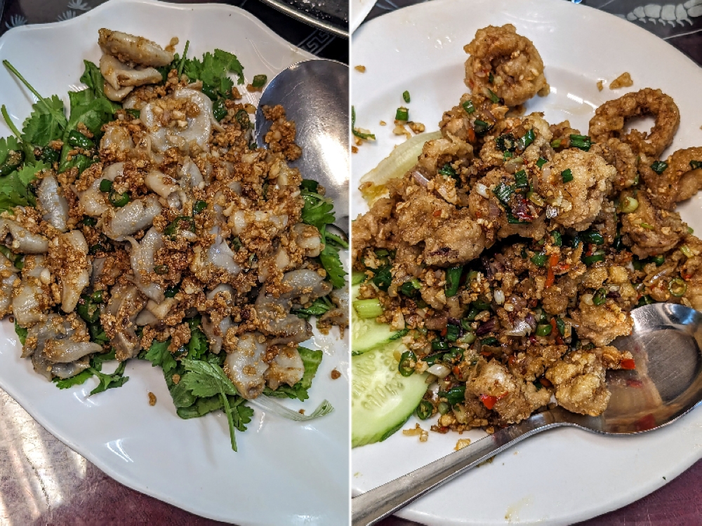 I think you got some pork intestines in your dried shrimps there (left). A classic, done well, never goes out of fashion: The Salt and Pepper Squid here is phenomenal (right).