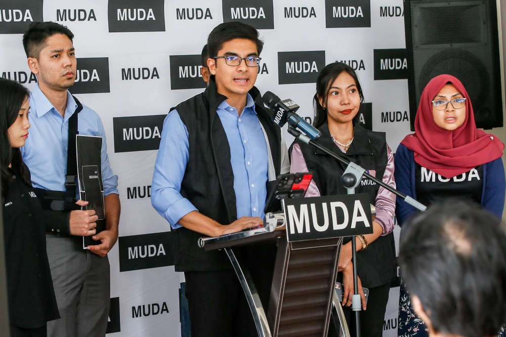 Malaysian United Democratic Alliance (Muda) president Syed Saddiq Syed Abdul Rahman speaks during a press conference at Bilik Gerakan Muda in Petaling Jaya, July 20, 2023. — Picture by Hari Anggara