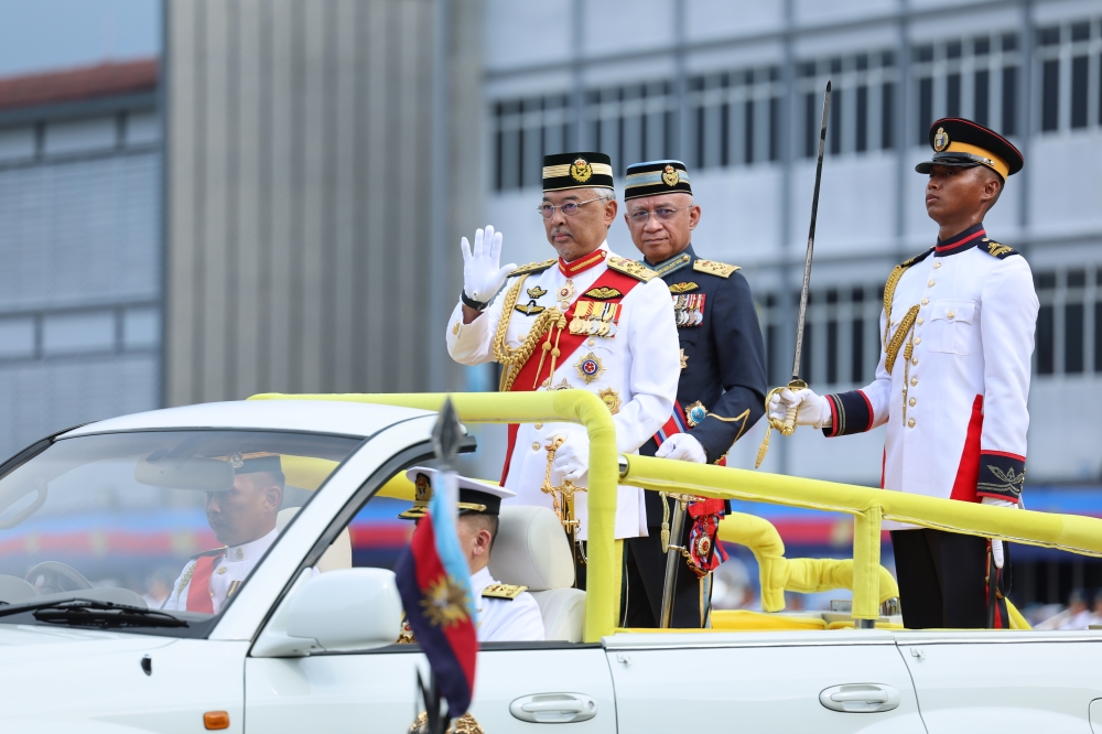 Yang di-Pertuan Agong Al-Sultan Abdullah Ri’ayatuddin Al-Mustafa Billah Shah at the parade and commissioning of ATM cadet officers for the year 2023 at Kem Perdana Sungai Besi in Kuala Lumpur July 22, 2023. — Bernama pic