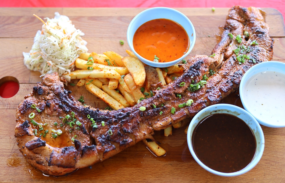 An off-menu item is the whopping Pork Tomahawk that has been brined and marinated for at total of five days.