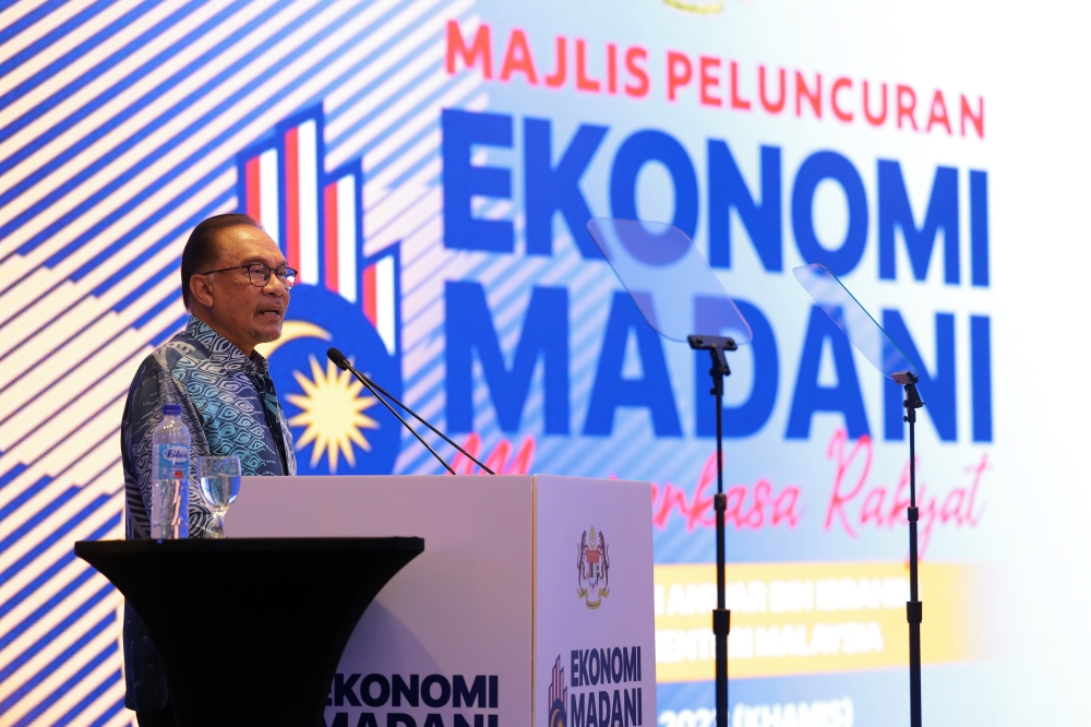 Prime Minister Datuk Seri Anwar Ibrahim speaks at the launch of the Madani Economy: Empowering the People framework in Kuala Lumpur July 27, 2023. ― Bernama pic