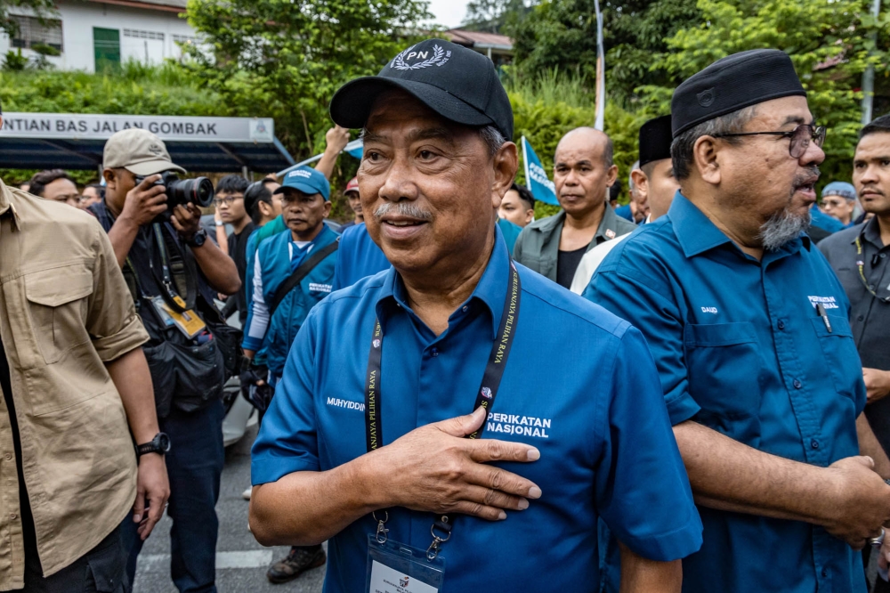 Perikatan Nasional chairman Tan Sri Muhyiddin Yassin during the nomination day ahead of the upcoming Selangor state election at the nomination center in SMK Sungai Pusu Gombak, Selangor July 29, 2023. — Picture by Firdaus Latif